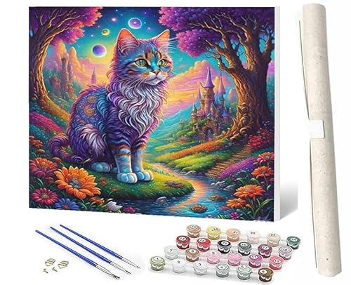 SOWBIL Malen Nach Zahlen Erwachsene Kinder Anfängerab 7 8 9 10 Jahre Mädchen Kit mit Pinsels und Farbe Katze sitzt und starrt auf Blumen-2 als Geburtstag Geschenk für Home Deko (40x50cm) von SOWBIL