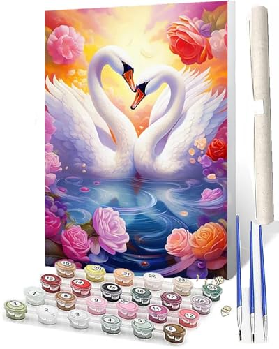 SOWBIL Malen Nach Zahlen Erwachsene Kinder Anfängerab 7 8 9 10 Jahre Mädchen Kit mit Pinsels und Farbe Paar Schwanensee-Blumen-3 als Geburtstag Geschenk für Home Deko (40x50cm) von SOWBIL