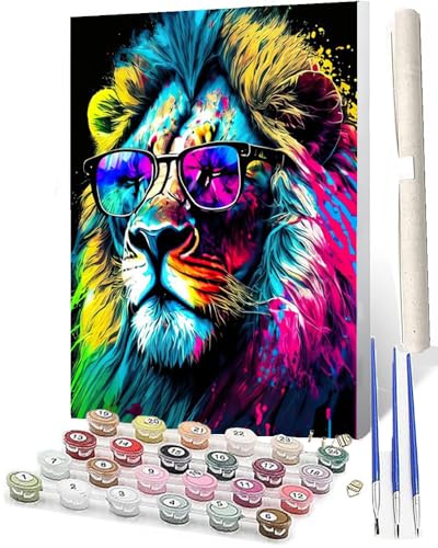 SOWBIL Malen Nach Zahlen Erwachsene Tiere Bunte Löwenbrille AnfäNger Knitterfreie Leinwand Pinsels Und Acrylfarbe Diy Handgemalt öLgemäLde Kit Als Geschenk 40 X 50cm von SOWBIL