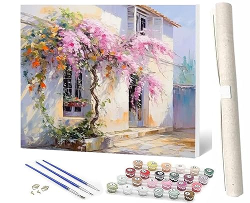 SOWBIL Malen Nach Zahlen Erwachsene Tiere Haus Sakura-Baum 055 AnfäNger Knitterfreie Leinwand Pinsels Und Acrylfarbe Diy Handgemalt öLgemäLde Kit Als Geschenk 40 X 50cm von SOWBIL