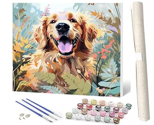 SOWBIL Malen Nach Zahlen Erwachsene Tiere Langhaariges Tier Golden Retriever 094 AnfäNger Knitterfreie Leinwand Pinsels Und Acrylfarbe Diy Handgemalt öLgemäLde Kit Als Geschenk 40 X 50cm von SOWBIL