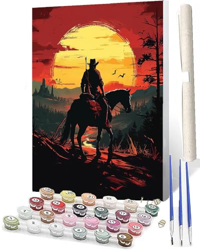 SOWBIL Malen Nach Zahlen Erwachsene Tiere Weltuntergangs-Western-Cowboy AnfäNger Knitterfreie Leinwand Pinsels Und Acrylfarbe Diy Handgemalt öLgemäLde Kit Als Geschenk 40 X 50cm von SOWBIL