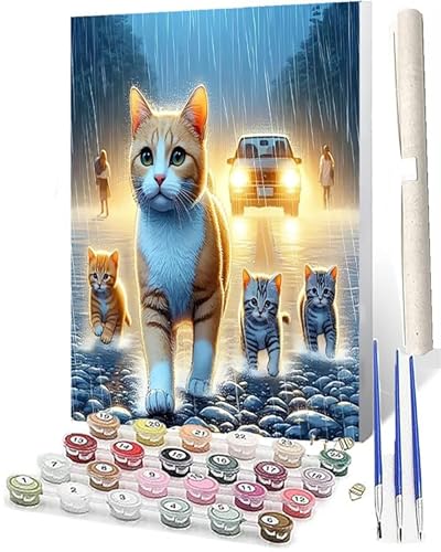 SOWBIL Malen Nach Zahlen ErwachsenePaint by Numbers er Anfänger Auto mit mehreren Katzen DIY Handgemalt Ölgemälde Leinwand Kits für HeimdekorationOhne Rahmen (40x50cm) von SOWBIL