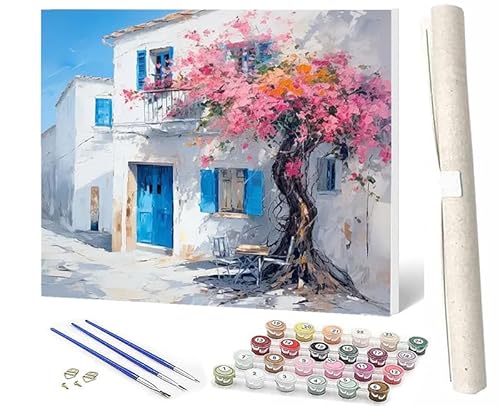 SOWBIL Malen Nach Zahlen Haus Sakura-Baum 059 DIY Malen Nach Zahlen Kit Für Erwachsene Und Kinder DIY Leinwandmalerei Aquarell-ölgemälde Acrylmalerei Kunsthandwerk 16x20 Zoll von SOWBIL