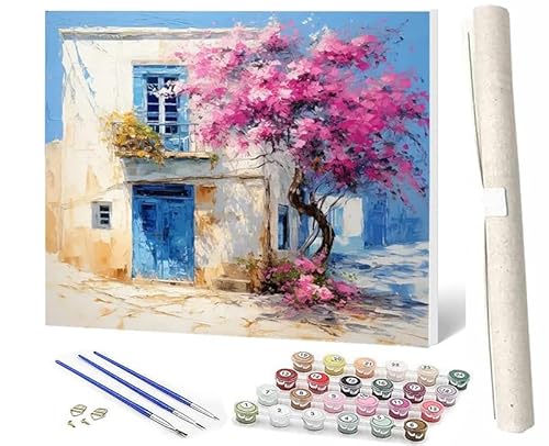 SOWBIL Malen Nach Zahlen Haus Sakura-Baum 061 Malen Nach Zahlen Erwachsene AnfängerPaint by Numbers DIY Ölgemälde Leinwand Kit für Home Wand Dekor Ohne Rahmen 40X50CM von SOWBIL