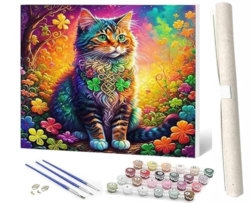 SOWBIL Malen Nach Zahlen Katze sitzt und starrt auf Blumen-1 DIY Malen Nach Zahlen Kit Für Erwachsene Und Kinder DIY Leinwandmalerei Aquarell-ölgemälde Acrylmalerei Kunsthandwerk 16x20 Zoll von SOWBIL