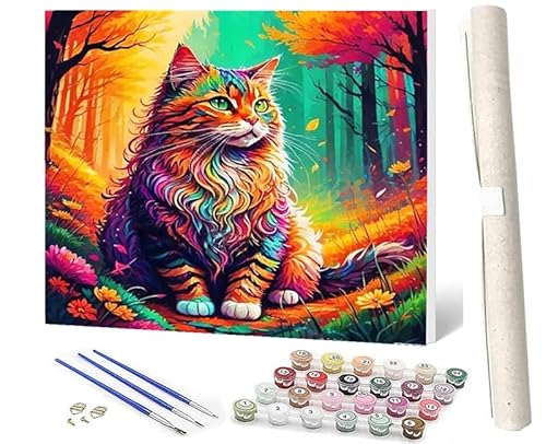 SOWBIL Malen Nach Zahlen Katze sitzt und starrt auf Blumen-5 DIY Handgemalt Ölgemälde Leinwand Kits 3 Pinsel und Acrylpigment für Frauen Home Deko Geburtstag Weihnachten Geschenk 40 x 50 cm von SOWBIL