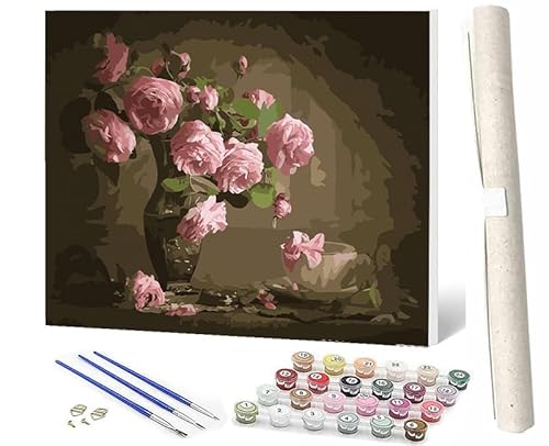 SOWBIL Malen Nach Zahlen Rosa Blumen-3 DIY Handgemalt Ölgemälde Leinwand Kits 3 Pinsel und Acrylpigment für Frauen Home Deko Geburtstag Weihnachten Geschenk 40 x 50 cm von SOWBIL