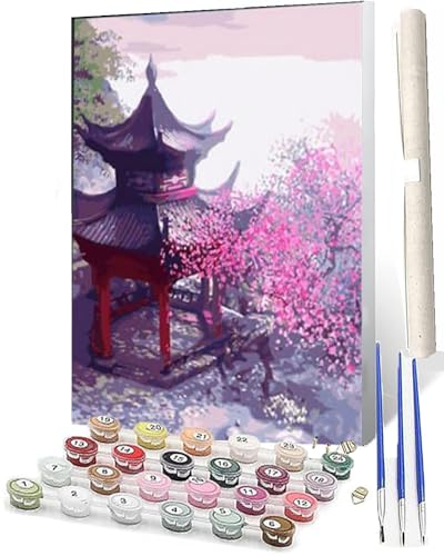 SOWBIL Malen Nach Zahlen Sakura-Pavillon DIY Malen Nach Zahlen Kit Für Erwachsene Und Kinder DIY Leinwandmalerei Aquarell-ölgemälde Acrylmalerei Kunsthandwerk 16x20 Zoll von SOWBIL