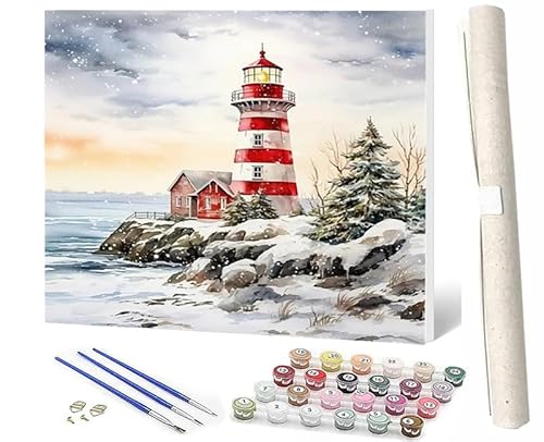 SOWBIL Malen Nach Zahlen Schnee-Leuchtturm-7 DIY Handgemalt Ölgemälde Leinwand Kits 3 Pinsel und Acrylpigment für Frauen Home Deko Geburtstag Weihnachten Geschenk 40 x 50 cm von SOWBIL