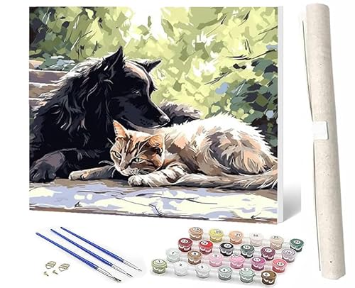 SOWBIL Malen Nach Zahlen Tier Hund Katze 077 DIY Handgemalt Ölgemälde Leinwand Kits 3 Pinsel und Acrylpigment für Frauen Home Deko Geburtstag Weihnachten Geschenk 40 x 50 cm von SOWBIL