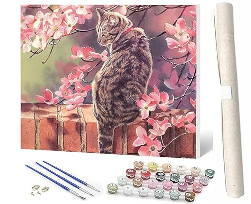 SOWBIL Malen Nach Zahlen ab 5 6 7 8 9 Jahre Mädchen und Jungen DIY Malen Nach Zahlen Blumentier Katze 087 Tiere für Kinder und Anfänger mit Pinsel und Acrylfarben 40x50cm von SOWBIL