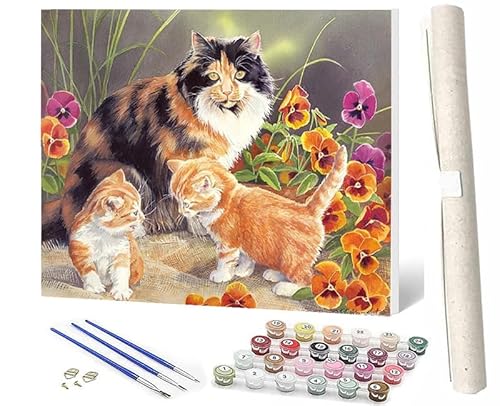 SOWBIL Malen Nach Zahlen ab 5 6 7 8 9 Jahre Mädchen und Jungen DIY Malen Nach Zahlen Blumentier Katze 092 Tiere für Kinder und Anfänger mit Pinsel und Acrylfarben 40x50cm von SOWBIL