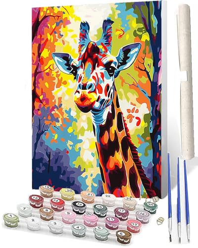 SOWBIL Malen Nach Zahlen ab 5 6 7 8 9 Jahre Mädchen und Jungen DIY Malen Nach Zahlen Bunte Giraffe Tiere für Kinder und Anfänger mit Pinsel und Acrylfarben 40x50cm von SOWBIL