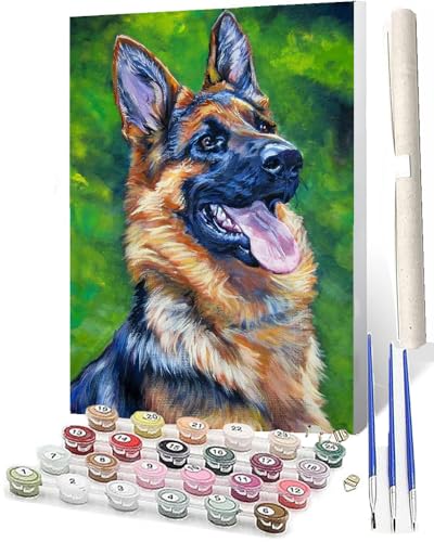 SOWBIL Malen Nach Zahlen ab 5 6 7 8 9 Jahre Mädchen und Jungen DIY Malen Nach Zahlen Deutscher Schäferhund 018 Tiere für Kinder und Anfänger mit Pinsel und Acrylfarben 40x50cm von SOWBIL