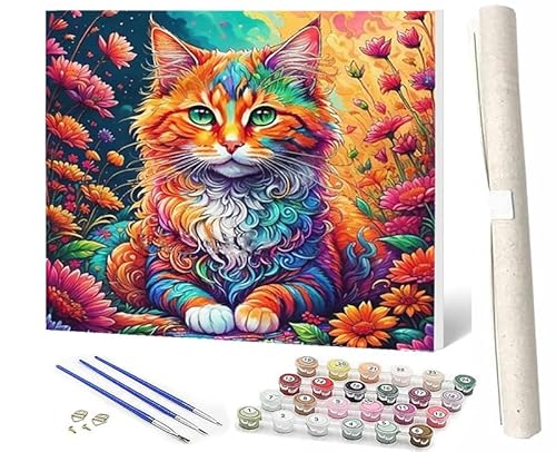 SOWBIL Malen Nach Zahlen ab 5 6 7 8 9 Jahre Mädchen und Jungen DIY Malen Nach Zahlen Katze sitzt und starrt auf Blumen-6 Tiere für Kinder und Anfänger mit Pinsel und Acrylfarben 40x50cm von SOWBIL