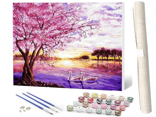 SOWBIL Malen Nach Zahlen ab 5 6 7 8 9 Jahre Mädchen und Jungen DIY Malen Nach Zahlen Sakura-Seeschwan Tiere für Kinder und Anfänger mit Pinsel und Acrylfarben 40x50cm von SOWBIL