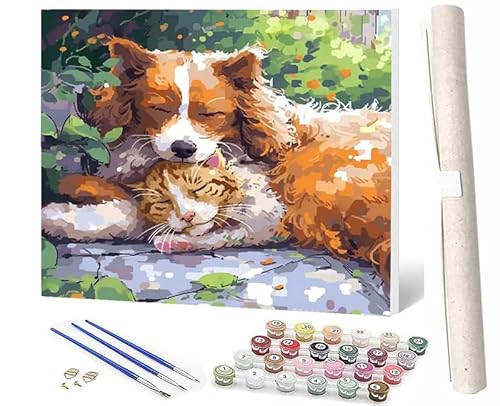 SOWBIL Malen Nach Zahlen ab 5 6 7 8 9 Jahre Mädchen und Jungen DIY Malen Nach Zahlen Tier Hund Katze 073 Tiere für Kinder und Anfänger mit Pinsel und Acrylfarben 40x50cm von SOWBIL