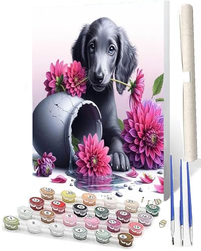 SOWBIL Malen Nach Zahlen ab 5 6 7 8 9 Jahre Mädchen und Jungen DIY Malen Nach Zahlen Zerbrochener Vasenhund 103 Tiere für Kinder und Anfänger mit Pinsel und Acrylfarben 40x50cm von SOWBIL