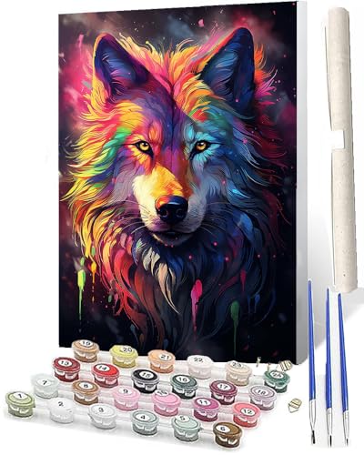 SOWBIL Malen Nach Zahlen bunter Wolf DIY Handgemalt Ölgemälde Leinwand Kits 3 Pinsel und Acrylpigment für Frauen Home Deko Geburtstag Weihnachten Geschenk 40 x 50 cm von SOWBIL