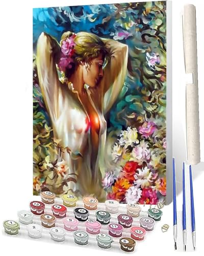 SOWBIL Malen nach Zahlen Blume sexy Frau_1 DIY Öl Malen nach Zahlen Kits auf Leinwand Erwachsene Malen nach Zahlen mit Pinseln Kunsthandwerk 40 x 50 cm rahmenlos von SOWBIL