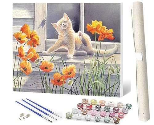 SOWBIL Malen nach Zahlen Blumentier Katze 096 Ölmalerei Bastelset für Anfänger und Kinder Inklusive Knitterfreie LeinwandFarben3 Pinselfür Home Haus Deko 40x50cm(Rahmenlos) von SOWBIL