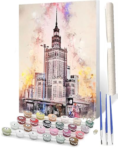 SOWBIL Malen nach Zahlen Häuser Hochhaus DIY Öl Malen nach Zahlen Kits auf Leinwand Erwachsene Malen nach Zahlen mit Pinseln Kunsthandwerk 40 x 50 cm rahmenlos von SOWBIL