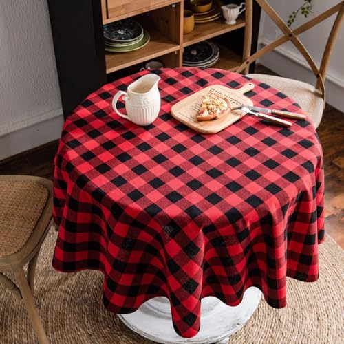 SOYDAN Weihnachten Tischdecke Runde, Baumwolle Leinen Plaid Tischdecke, Plaid Tischdecke Für Weihnachten Tischdekoration(rot) von SOYDAN