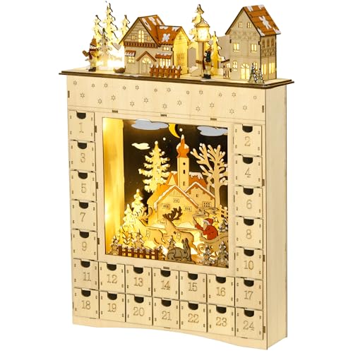 HOMCOM Adventskalender zum Befüllen mit LED-Beleuchtung und 24 Schubladen Countdown Holz-Adventskalender Weihnachten Tischdekoration 36x9x52 cm Natur von SPANISH AOSOM