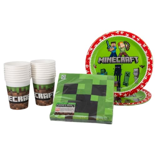 SPARKLERS CLUB Minecraft Party-Paket, 52 Stück, 16 Teller, 16 Becher, 20 Servietten, Einweggeschirr, Partygeschirr, Tischdekoration von SPARKLERS CLUB