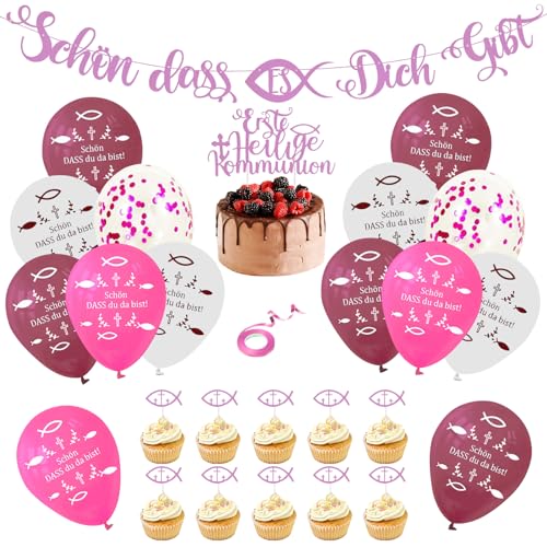 SPERMUOY Kommunion deko luftballons kommunion mädchen,22 Ballons Konfirmation mit Kommunion Cupcake Topper,kommunion Fisch Luftballon für Taufdeko Tisch Deko von SPERMUOY