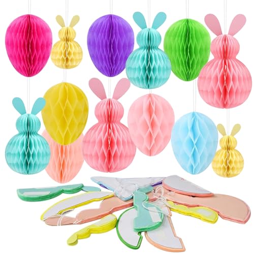 SPERMUOY Ostereier zum aufhängen draußen,13 pcs Ostern Honeycomb Deko Osterhase Hängende Deko,Ostern Honeycomb Deko Ostereier zum Aufhängen Osterhasen Deko für Draußen von SPERMUOY