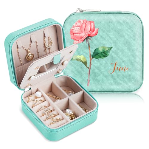 SPETYORT Personalisierte Reise-Schmuckschatulle mit Spiegel, kleine Schmuckschatulle mit bunter Geburtsblume und Namen, Schmuck-Reiseetui für Ringe, Ohrringe, Halsketten, personalisierte Geschenke für von SPETYORT