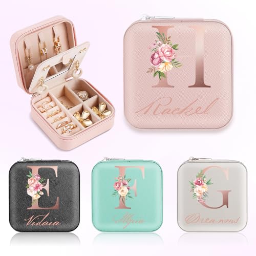 SPETYORT Personalisierte Schmuckschatulle für Damen, individuelles Reise-Schmuckkästchen mit Initiale und Namen, kleiner Reise-Schmuck-Organizer für Ringe, Ohrringe, Halsketten, personalisierte von SPETYORT