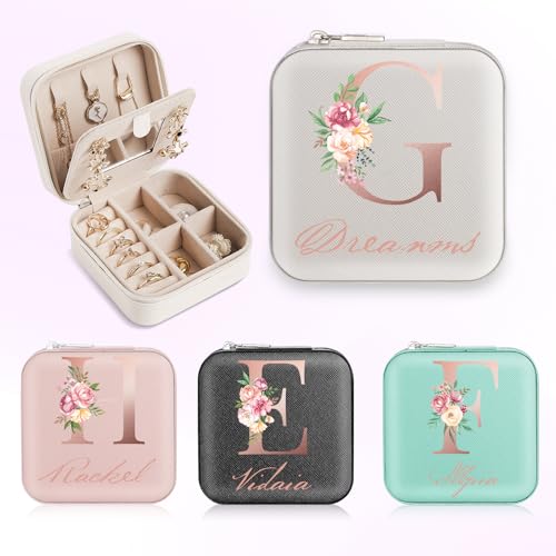 SPETYORT Personalisierte Schmuckschatulle für Damen, individuelles Reise-Schmuckkästchen mit Initiale und Namen, kleiner Reise-Schmuck-Organizer für Ringe, Ohrringe, Halsketten, personalisierte von SPETYORT