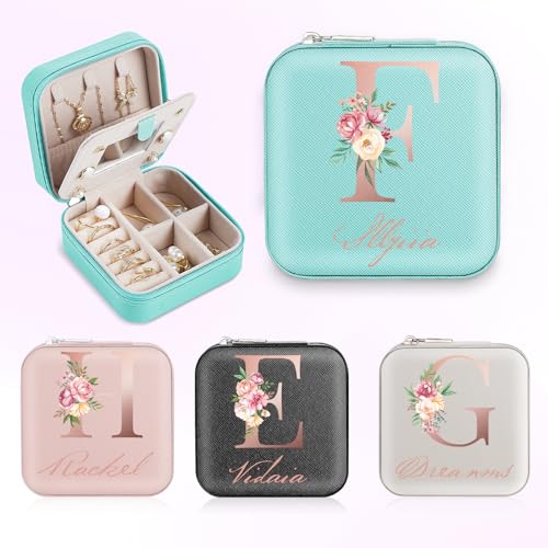 SPETYORT Personalisierte Schmuckschatulle für Damen, individuelles Reise-Schmuckkästchen mit Initiale und Namen, kleiner Reise-Schmuck-Organizer für Ringe, Ohrringe, Halsketten, personalisierte von SPETYORT