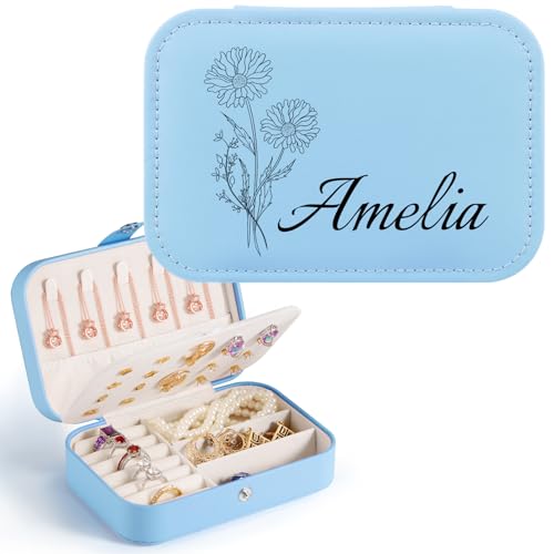 SPETYORT Personalisierte Schmuckschatulle für Frauen, individuelle Reise-Schmuckschatulle mit Namen und Geburtsblume, Leder-Schmuck-Organizer, Brautjungfer-Antragsgeschenke, personalisierte Geschenke von SPETYORT