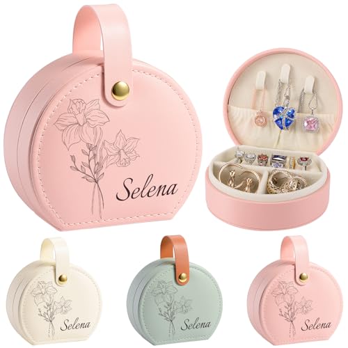 SPETYORT Personalisierte Schmuckschatulle für Frauen, individuelles Reise Schmuckkästchen mit Geburtsblume und Namen, tragbarer kleiner Reise-Schmuck-Organizer, Brautjungfergeschenke von SPETYORT