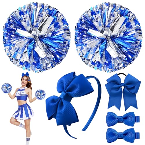 Cheerleader Pompons Cheerleading Pompoms Set 6 Stück Pompons Cheerleader Blau Cheerleader Pom Poms Blau mit Handle+Haarschmuck Cheerleader Kostüm Zubehör Damen Für Tanzparty Sport Wettbewerb Team von SPHERETRON