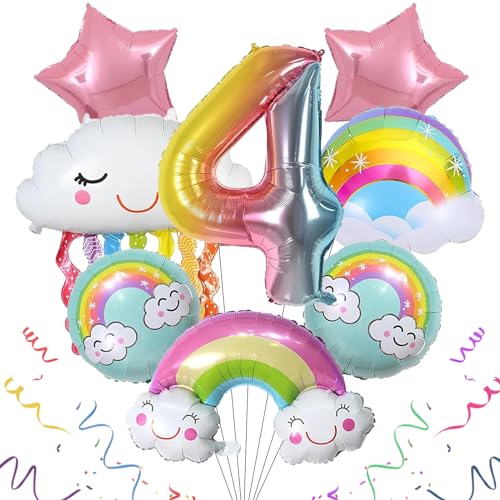 SPHERETRON Regenbogen Geburtstagsdeko 4, Folienballon Wolken, Regenbogen Sterne und Zahl 4 Ballon, regenbogen luftballons für 4 Jahr Mädchen Geburtstagsdeko Regenbogen Kindergeburtstag Deko von SPHERETRON
