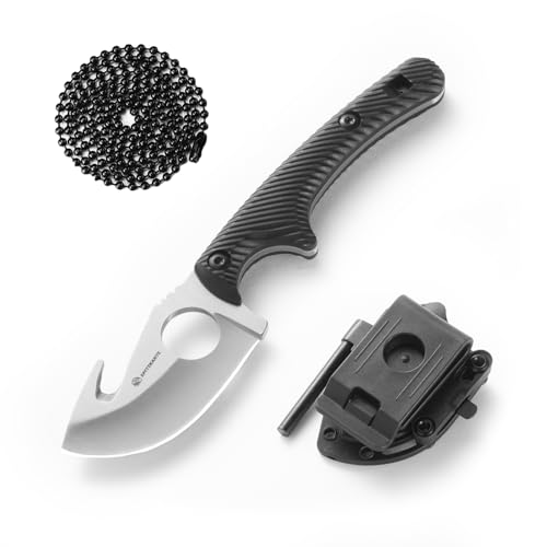 SPITZKANTE Kleines Messer Outdoor HO-YN, Neck Knife 42a Konform mit 360 Grad Verstellbarem Clip, 6, 2cm Klingenlänge, Gut Hook Halskette Messer mit Integrierte Pfeife, Feuerstahl von SPITZKANTE