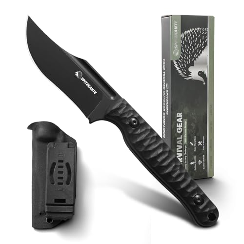 SPITZKANTE LW-Y Messer Outdoor Feststehendes Messer, 8, 9 cm Klingenlänge Gürtelmesser Klein, D2 Edelstahl Full Tang mit Kydex Scheide, Outdoor Messer Survival, G10 Griff, Vollschwarz von SPITZKANTE