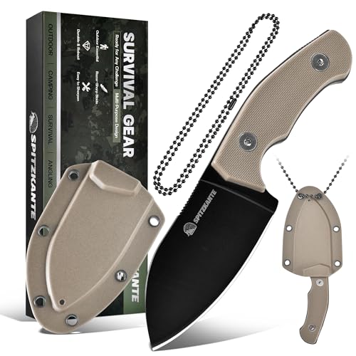 SPITZKANTE Neck Knife P-DA Kleines Messer Full Tang 5Cr14MoV Stahl, Mini Feststehende Klinge 7, 1cm Klingenlänge mit ABS Scheide Kugelkette, Klinge Schwarz + Khaki Griff von SPITZKANTE