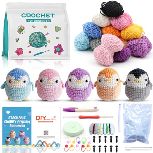 SPOKKI Häkelset für Anfänger, 5-teiliges Häkeltier-Set, Pinguin-Stricksets für Kinder und Erwachsene, inklusive Schritt-für-Schritt-Video-Tutorials, Garne, Häkelzubehör und Zubehör von SPOKKI