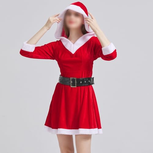 Weihnachtskleid mit Kapuze aus weichem Samtstoff, perfektes Outfit für Feiertage (M, Rot) von SPORTARC