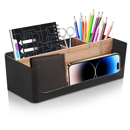 SPORWAY 4 Fächer Schreibtisch Organizer: Tisch-Büro-Kosmetik-Organizer, Handy und Tablet Halterung, Briefablage, Stiftehalter Schreibtisch, Fächer Holz Desktop Stift für Stifte, Kosmetika, Haftnotizen von SPORWAY