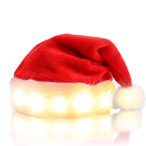 SPORWAY Weihnachtsmütze mit LED Lichter: Nikolausmütze Kinder Weihnachtsmütze Santa Mütze, Nikolaus Mütze LED Plüsch Weihnachten Mützen für Weihnachten Partys Neujahr Festliche (Rot/Warmweiße Licht) von SPORWAY