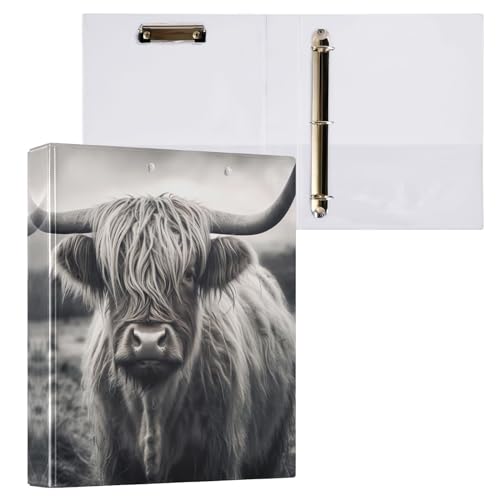 SPRIPORT Highland Cow 3-Ringbuch mit 3 Ringen, hält 200 Blatt für Bürobedarf, strapazierfähiges PVC, runder Ringordner mit transparenten Innentaschen, Ordner, Notizbuch für Zuhause, Arbeit, Frau, Mann von SPRIPORT