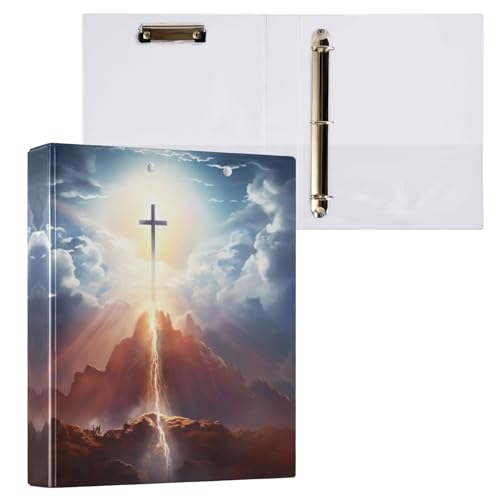 SPRIPORT Jesus Christus Kreuz Himmel 3,8 cm 3-Ringbuch hält 200 Blatt für Bürobedarf, strapazierfähiges PVC, runder Ringordner mit transparenten Innentaschen, 3-Ring-Notizbuch, Ordner für Frauen, von SPRIPORT