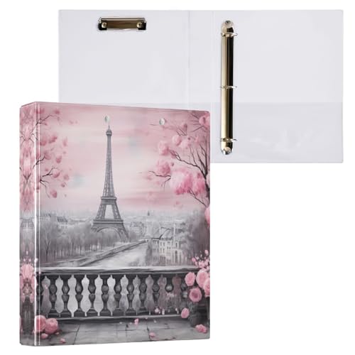 SPRIPORT Pink Flower Paris Garden 3,8 cm 3-Ringbuch für 200 Blatt für Bürobedarf, strapazierfähiges PVC, runder Ringordner mit transparenten Innentaschen, 3-Ring-Notizbuch, Ordner für Zuhause, Arbeit, von SPRIPORT